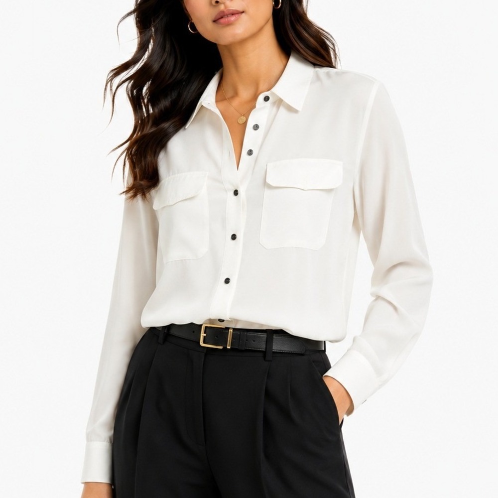 Ivanka Trump Womens Ecru White Long Sleeve Roll Tab Button Down Blouse Large